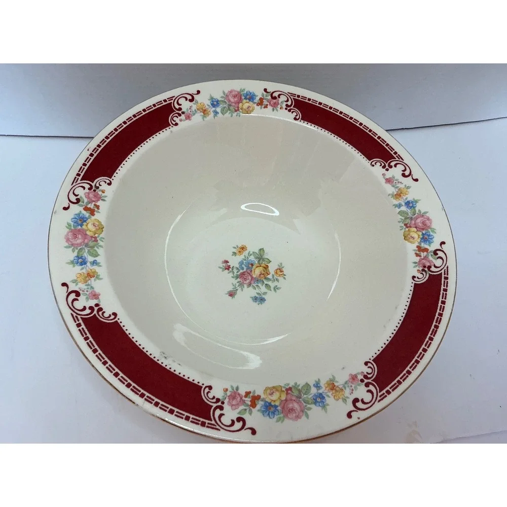 Homer Laughlin Vintage Floral Serving Bowl Burgundy Gold Trim 9‎ Inch G48N6 USA